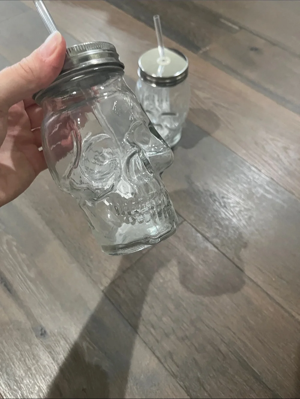 Clear Skull Mason Jar Tumblers with Silver Lids and Straws